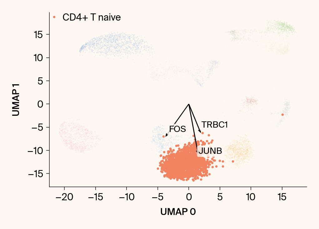 Scatter plot of the UMAP embedding with the class CD4+ T naive highlighted, with the top gene features overlaid as vectors.