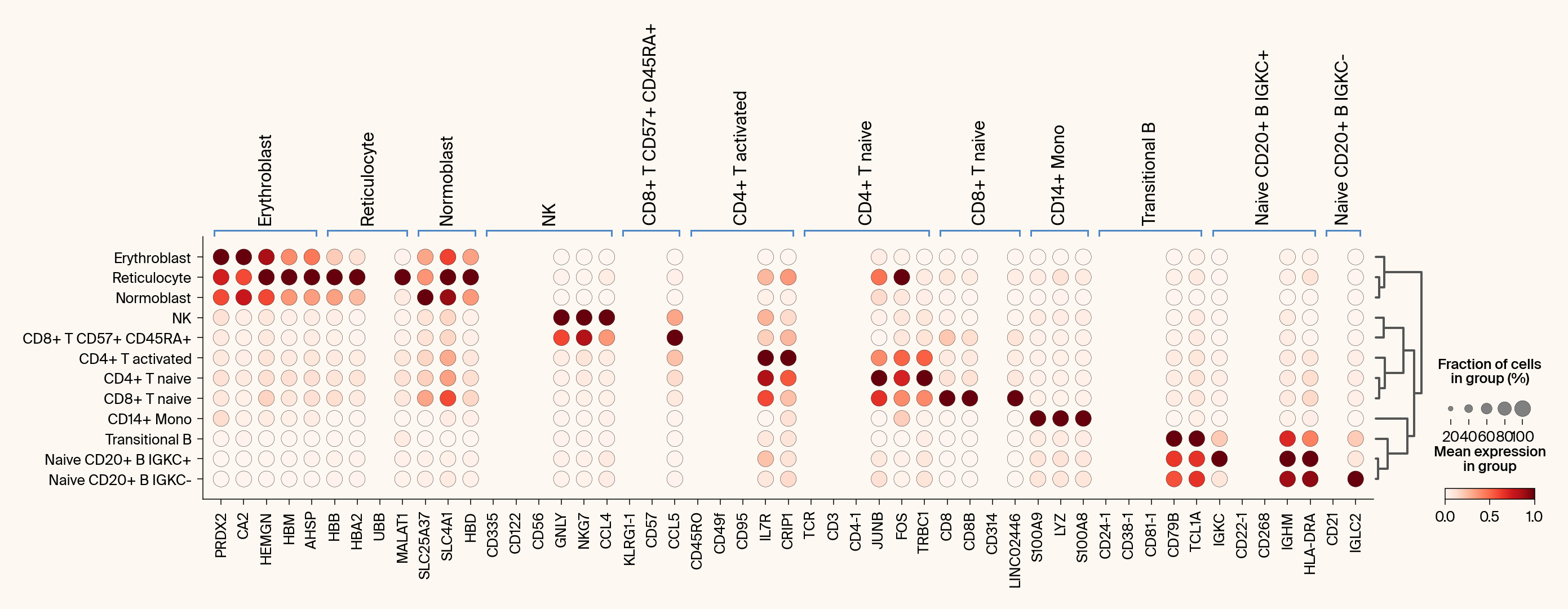 Dot plot from the Jacobian analysis, showing the differential expression set of top gene features as well as the Jacobian set of top gene features, where only the Jacobian features have strong activations, highlighting the differences.