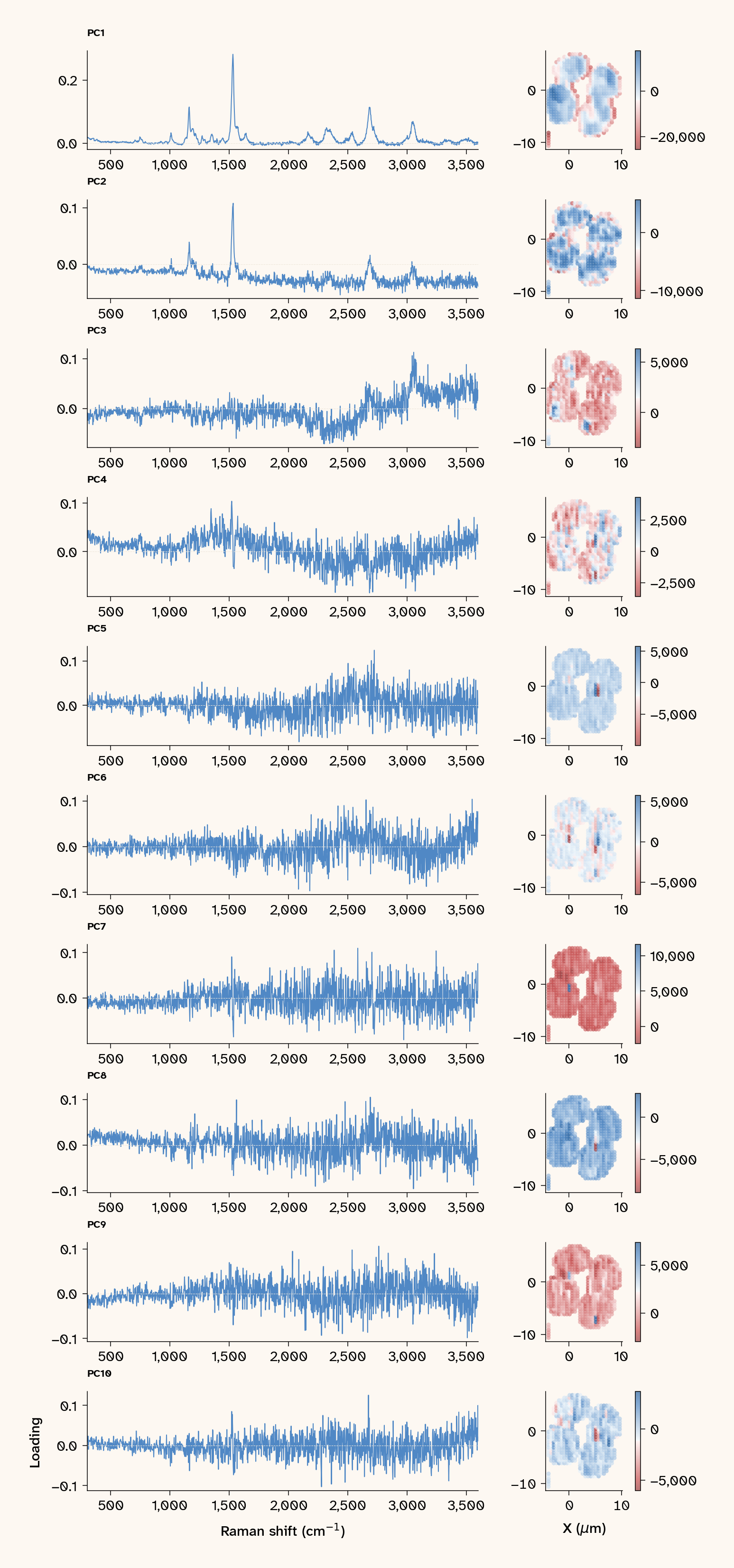 Ten-row figure of PCA results on the masked, baseline-corrected 473 nm dataset. Left column: PC loading spectra. Right column: corresponding spatial score maps with symmetric red-blue colorscale. Row labels PC1 through PC10 from top to bottom.
