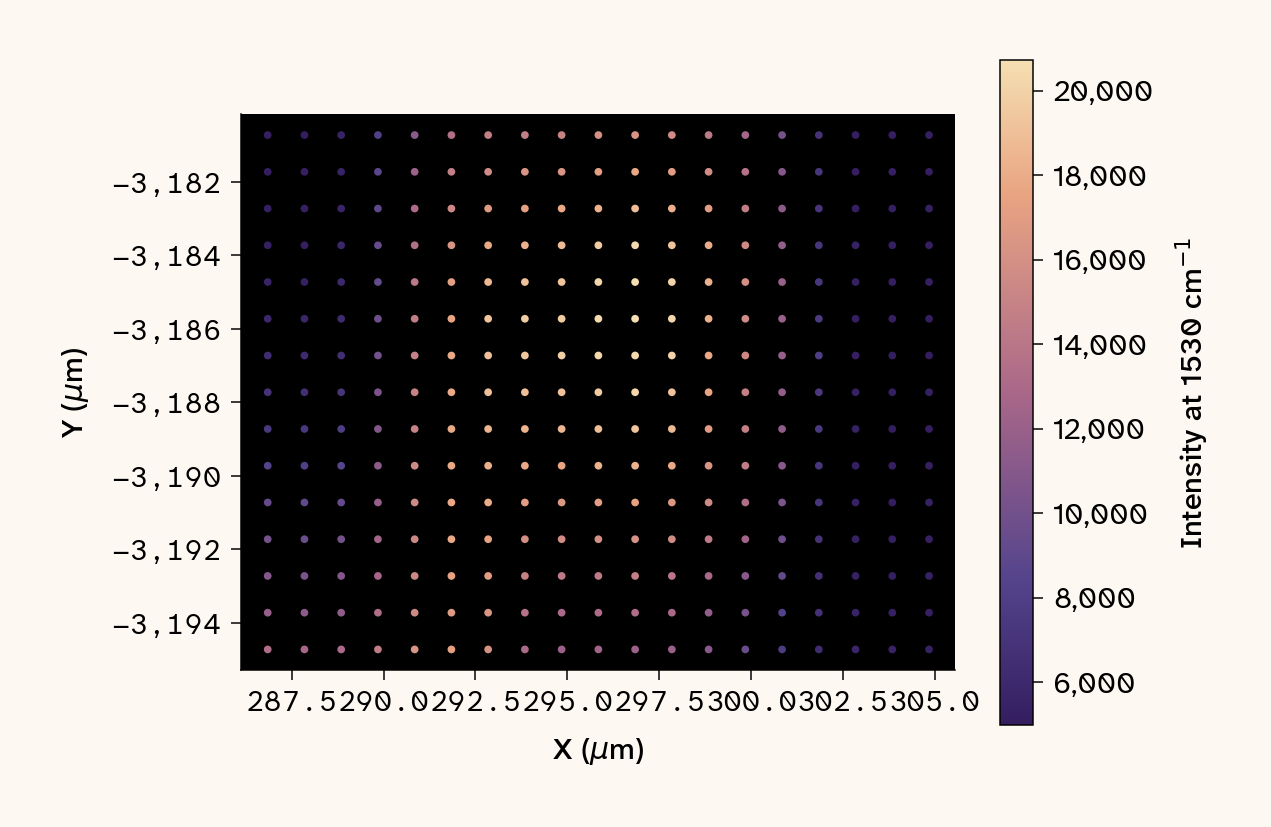 Static spatial intensity map of *Chlamydomonas smithii* CC-1373 at the carotenoid ν₁ peak (~1530 cm⁻¹), 785 nm excitation, black background, magma colorscale.