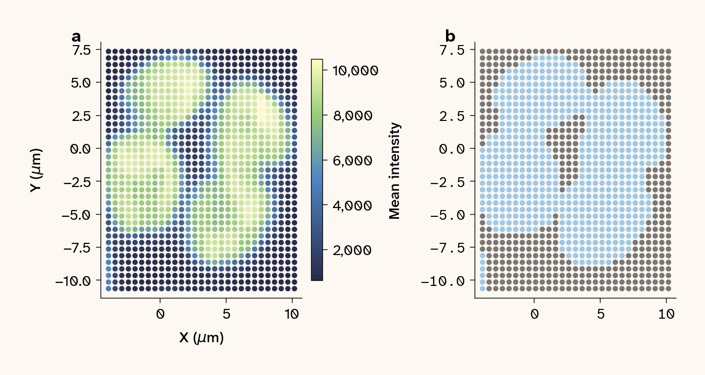 Two-panel figure for the 473 nm dataset. (a) Spatial scatter map of mean spectral intensity per pixel. (b) Binary mask retaining on-cell points (blue) and excluding background (gray) after applying an intensity threshold.